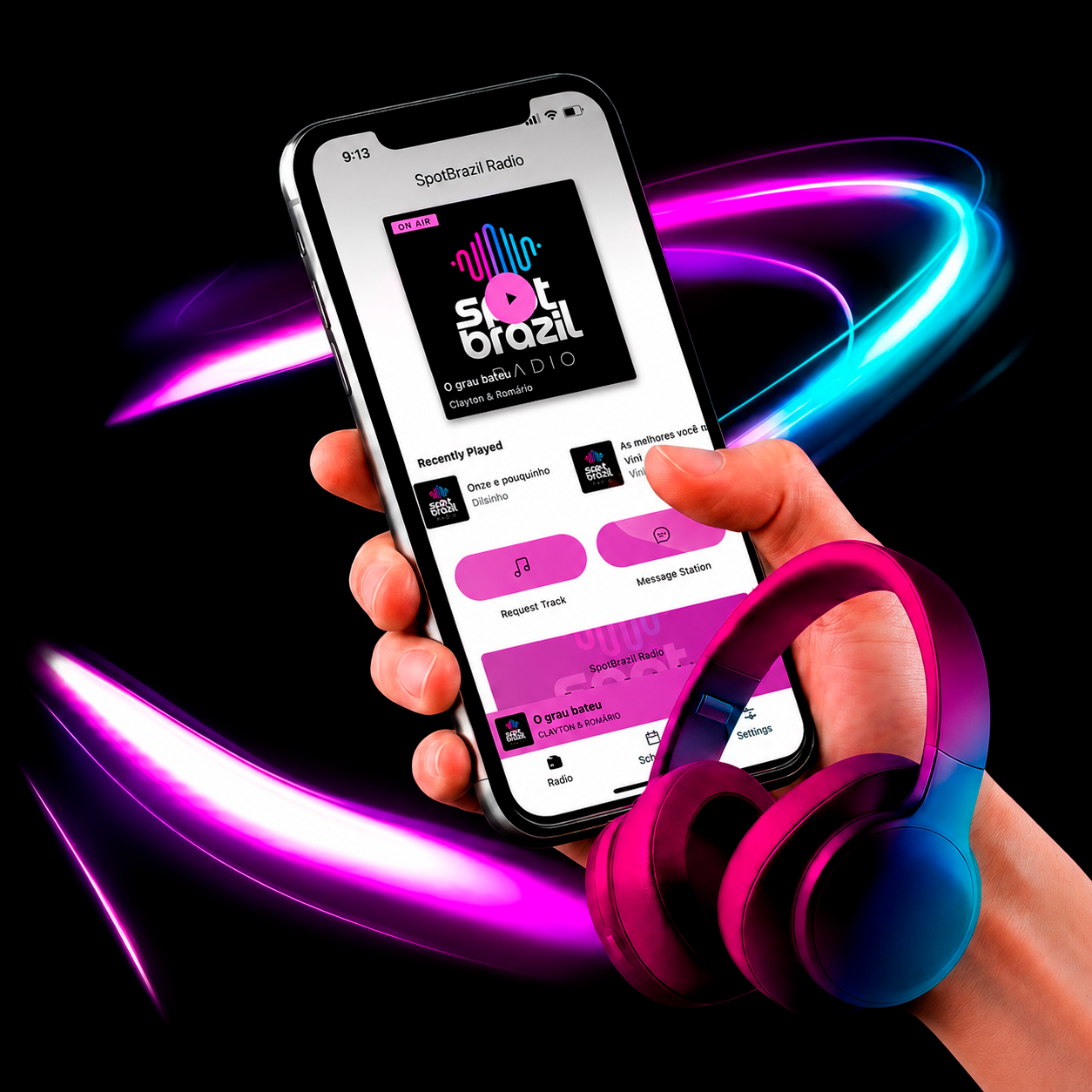 SpotBrazil Radio app playing on a smartphone with headphones
