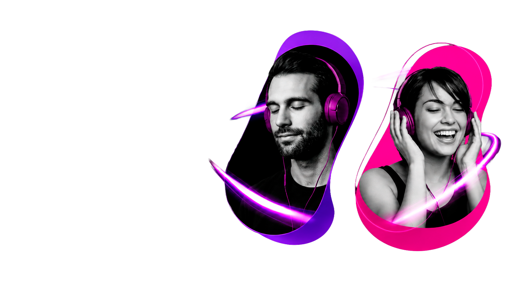 Two young people listening to SpotBrazil Radio with headphones