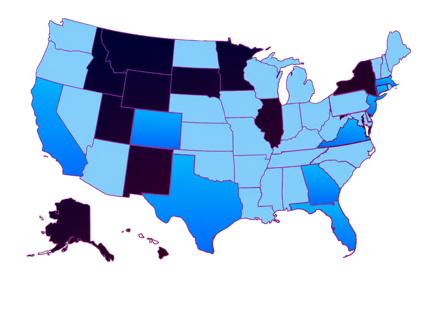 Map of the United States highlighting SpotBrazil Radio's key markets