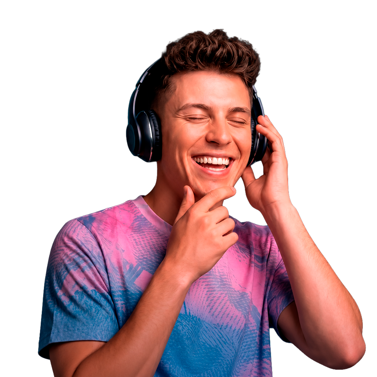 Young man smiling while listening to music with headphones